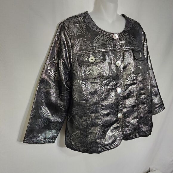 Ruby Rd. Womens Jacket Size 14 Gray Silver Metallic Button 3/4 Sleeve Blazer - Picture 5 of 10